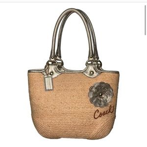 Coach Bleecker, natural straw, gold, leather flower tote, handbag purse.